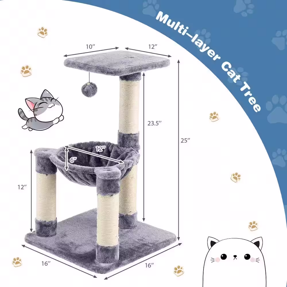 ANGELES HOME Gray Wood Multi-level Cat Tree with Scratching Posts and Cat Hammock