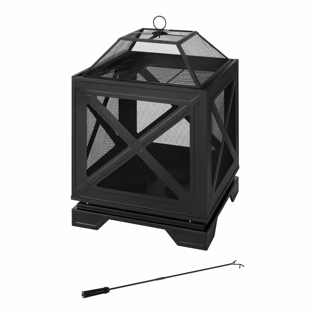 Hampton Bay Westbury 26 in. W x 37.8 in. H Outdoor Square Wood Burning Black Fire Pit