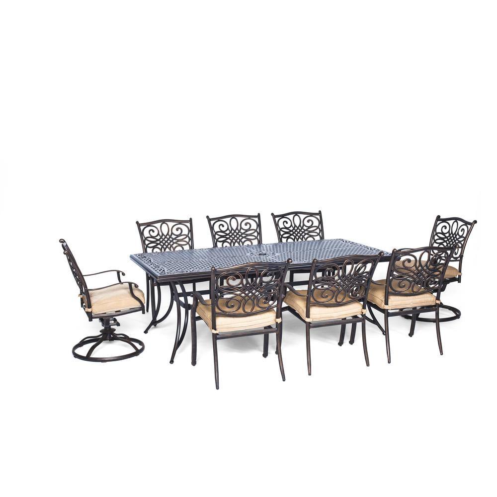 Hanover Traditions 9-Pc Aluminium Rectangular Patio Dining Set with Six Dining Chairs, Two Swivel Rockers & Natural Oat Cushions