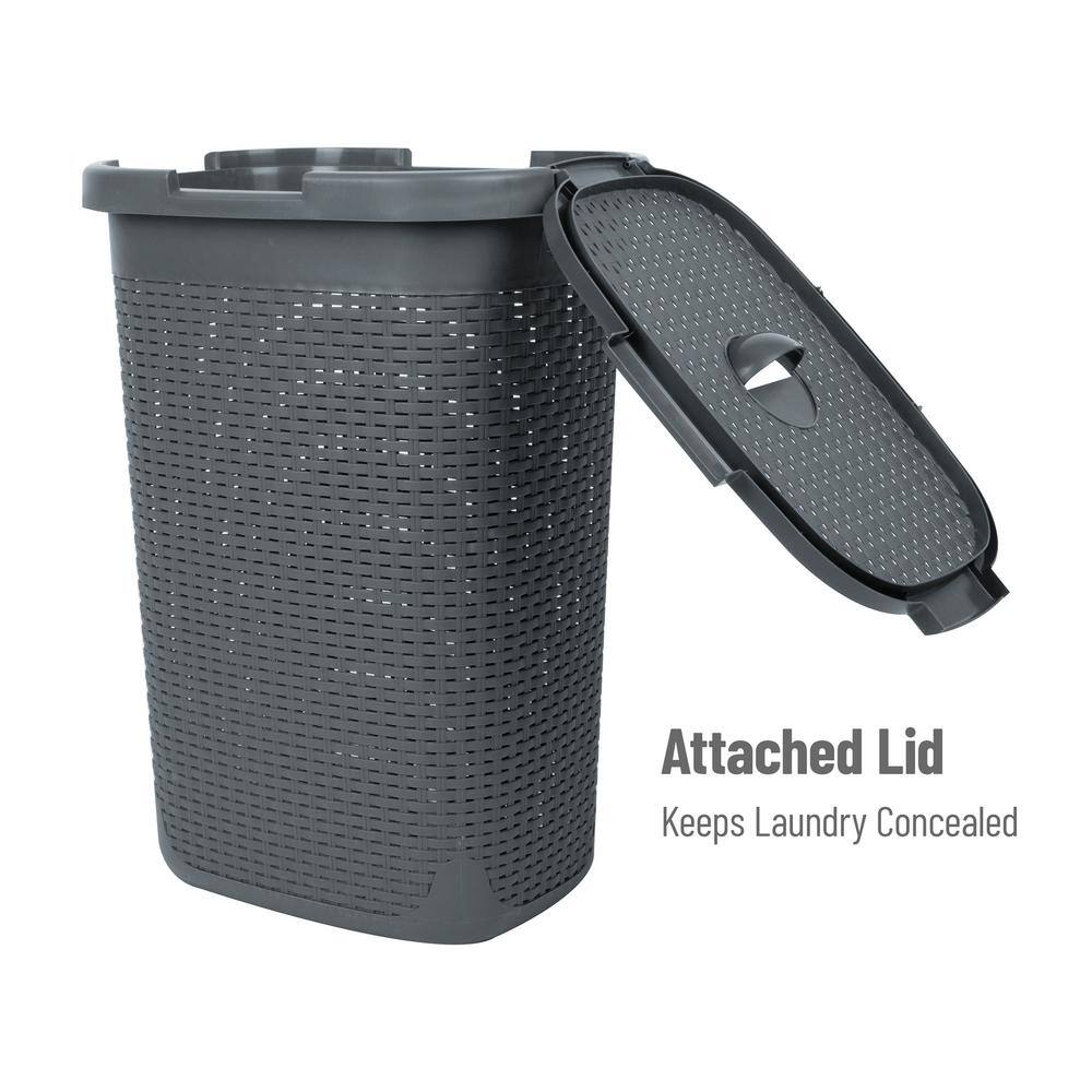 Mind Reader Basket Collection 60 Liter (15kg/33lbs) Capacity Laundry Hamper, Cut Out Handles, Attached Hinged Lid, Gray