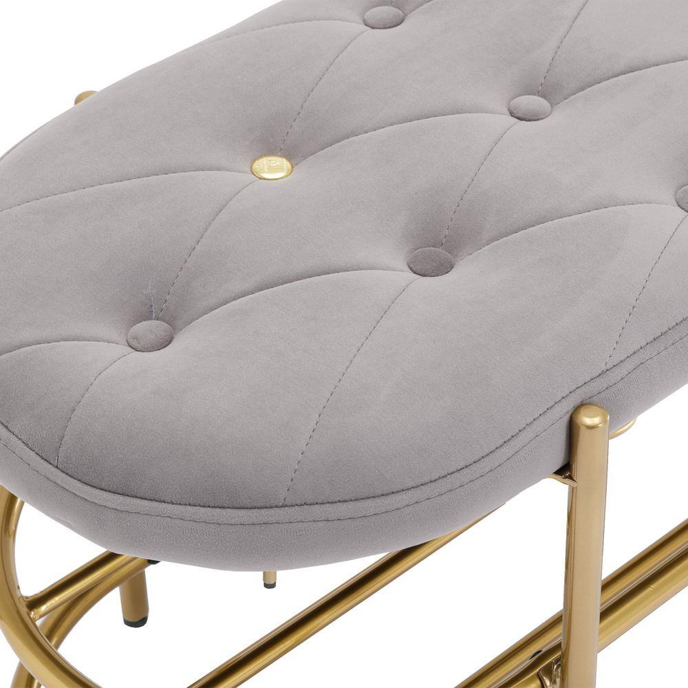 None Grey Velvet Upholstered Bedroom Bench with 2-tier Shoe Shelf Space-Saving Button Tufted Shoe Changing Stool