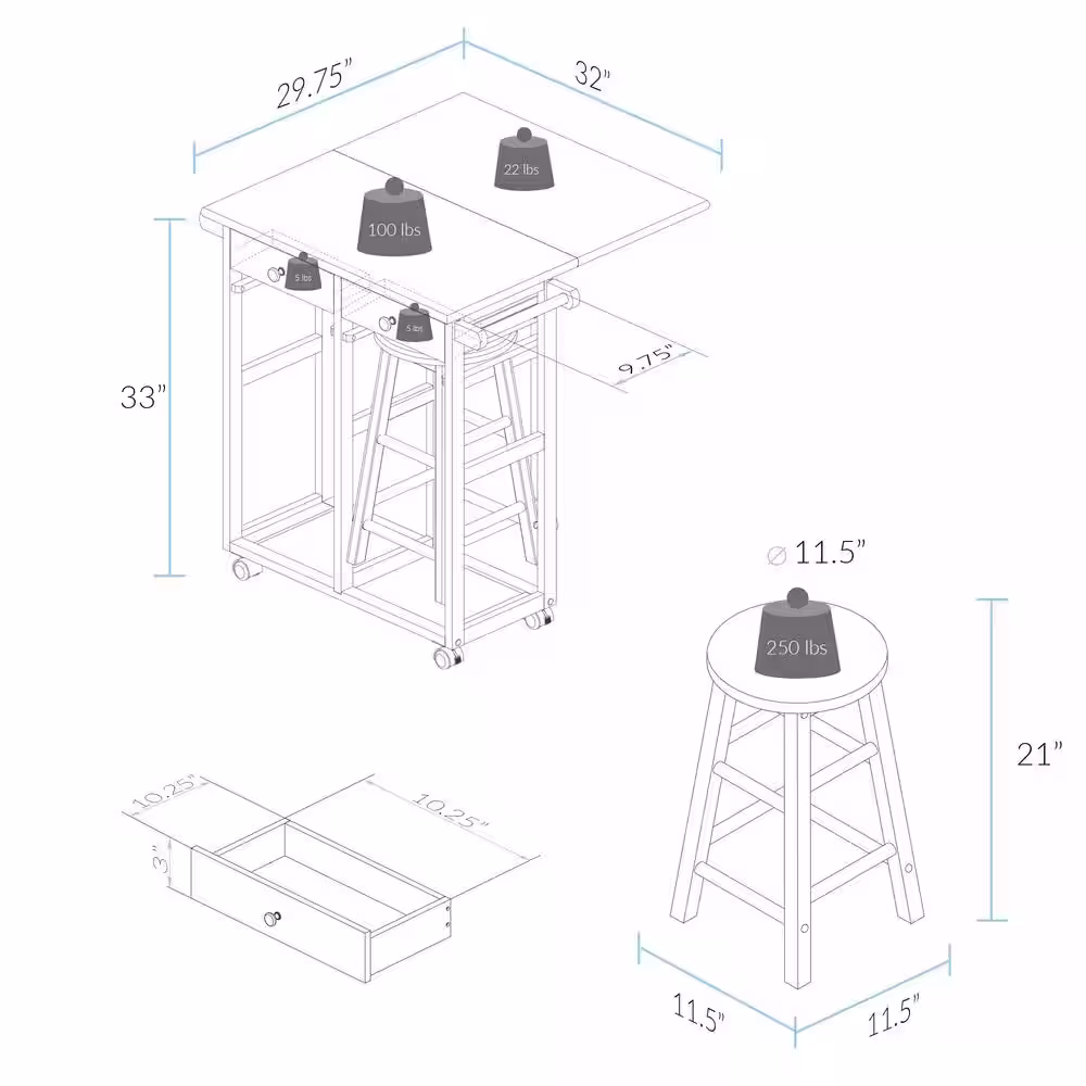 American Trails Kitchen Breakfast Cart with Drop-Leaf Table, Harvest Hardwood Top, Square in 2-Tone, Natural/White