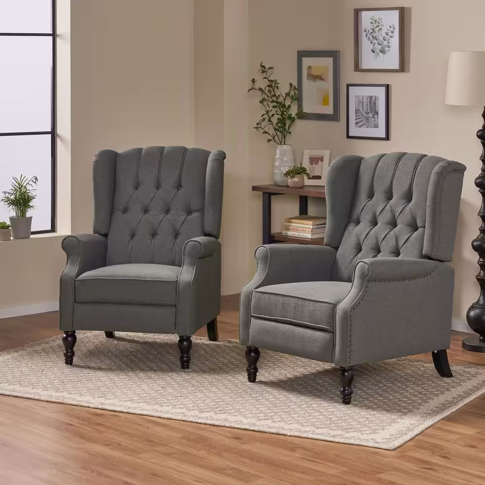 Noble House Walter Brown, Charcoal and Dark Brown Wingback Tufted Recliner (Set of 2)