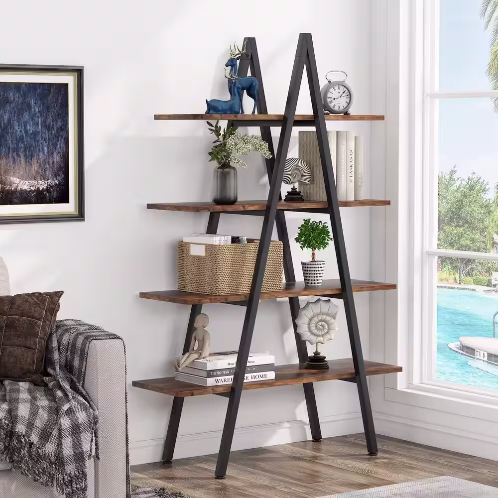None Eulas 65 in. Rustic Brown Wood 4-Shelf Ladder Bookcase, A-Shaped Bookcase Leaning Plant Stand Storage Rack