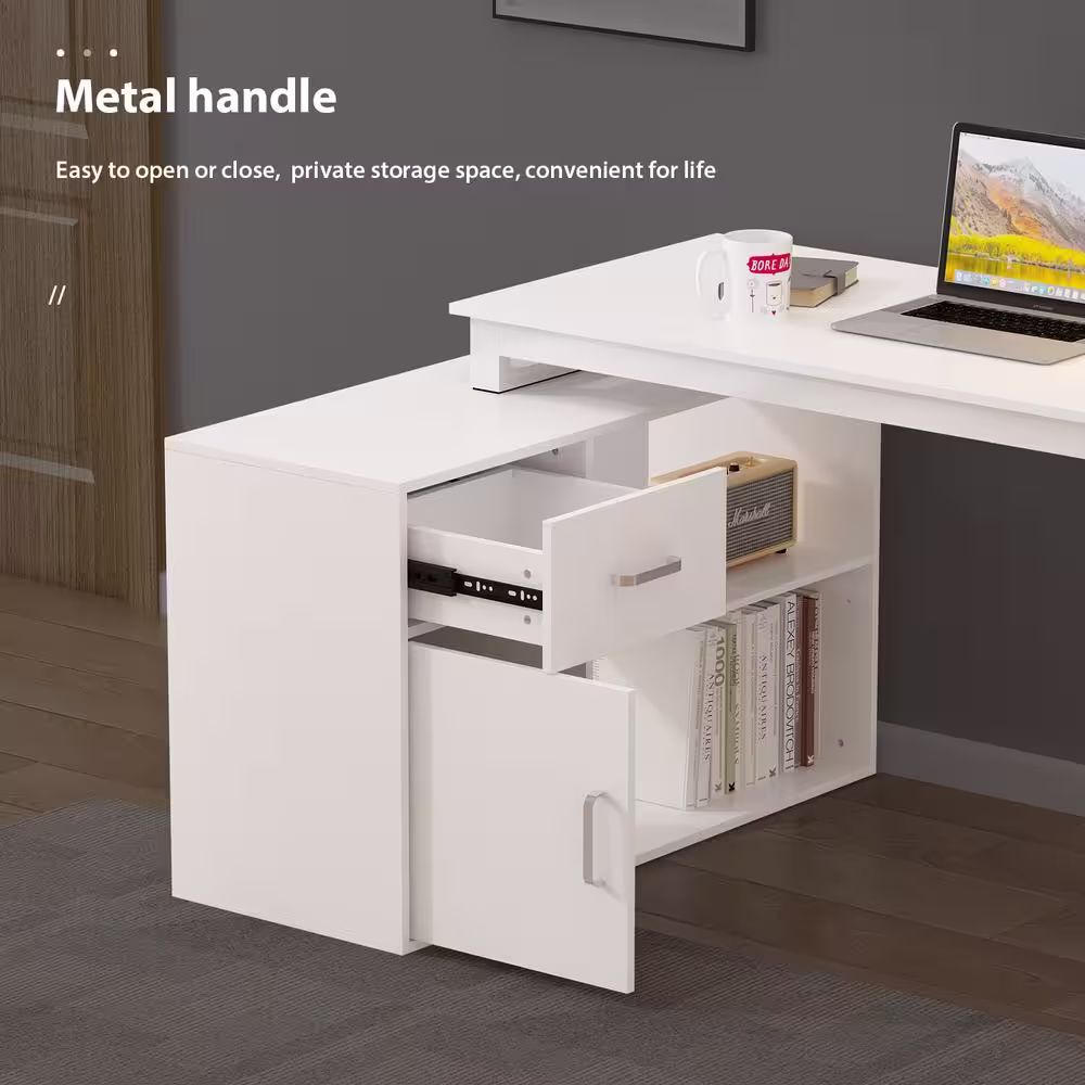 None L-Shaped Wooden Computer Desk, White Finish with 1 Drawer, Open Shelves and Eco-Friendly Paint Finish, 55.1 in. W