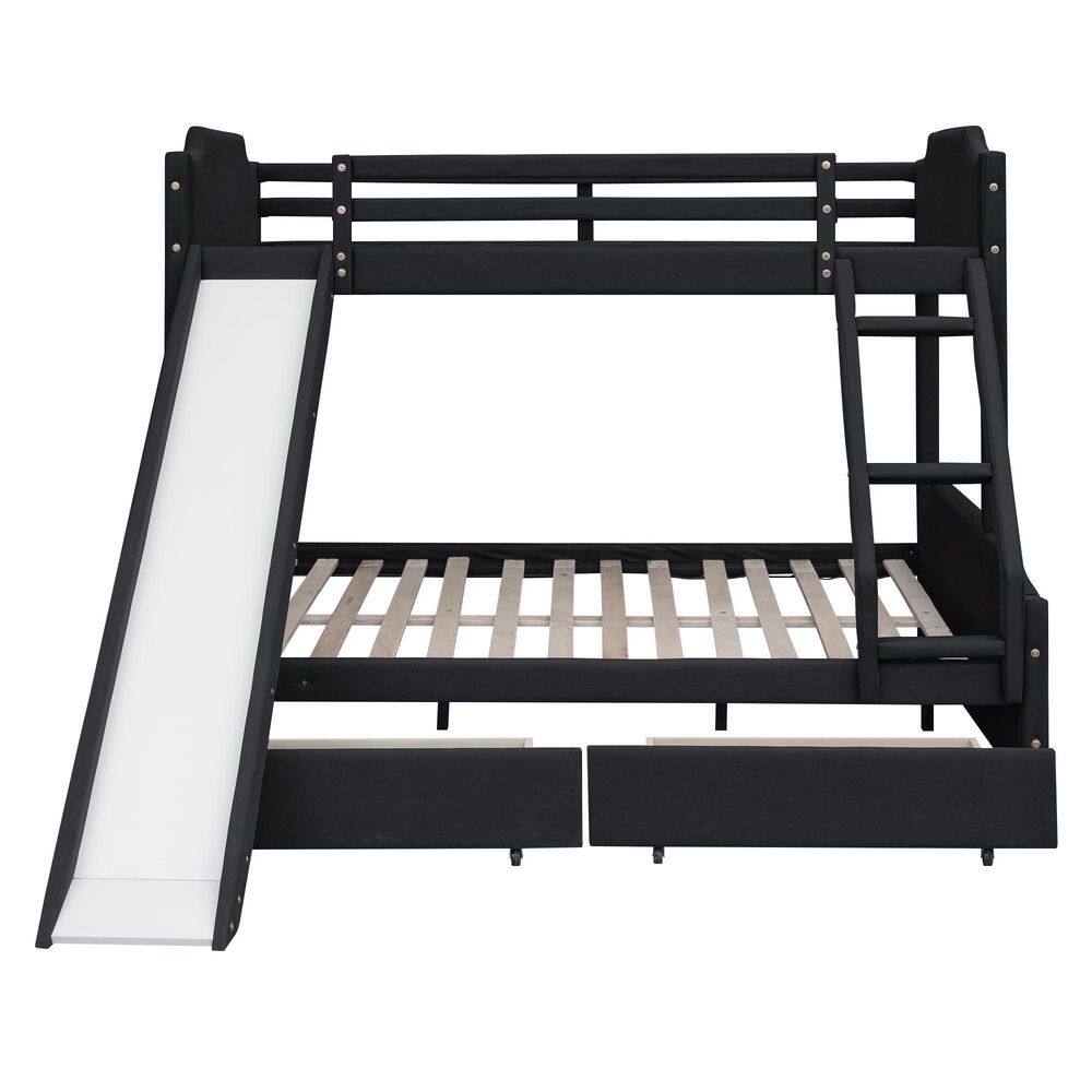 Harper & Bright Designs Black Twin over Full Upholstery Bunk Bed with Ladder, Slide and 2 Drawers