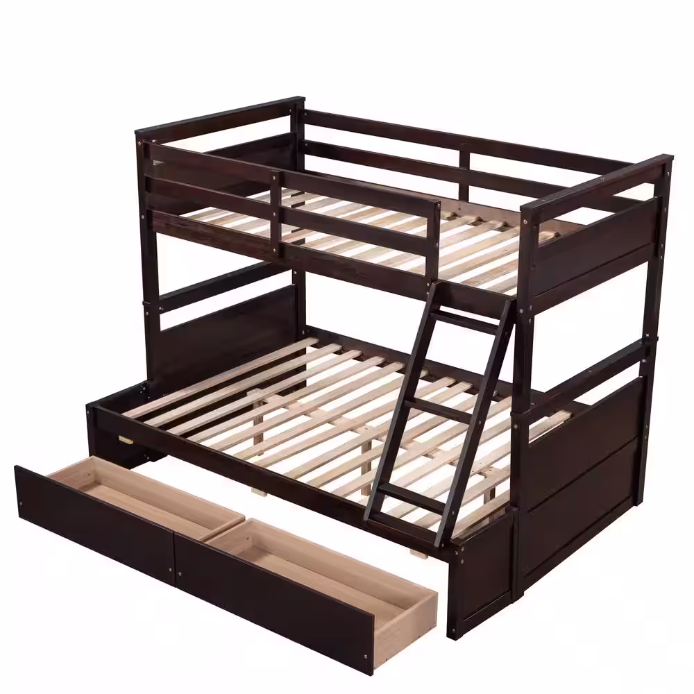 Harper & Bright Designs Espresso Twin over Full Wood Bunk Bed with 2-Drawers