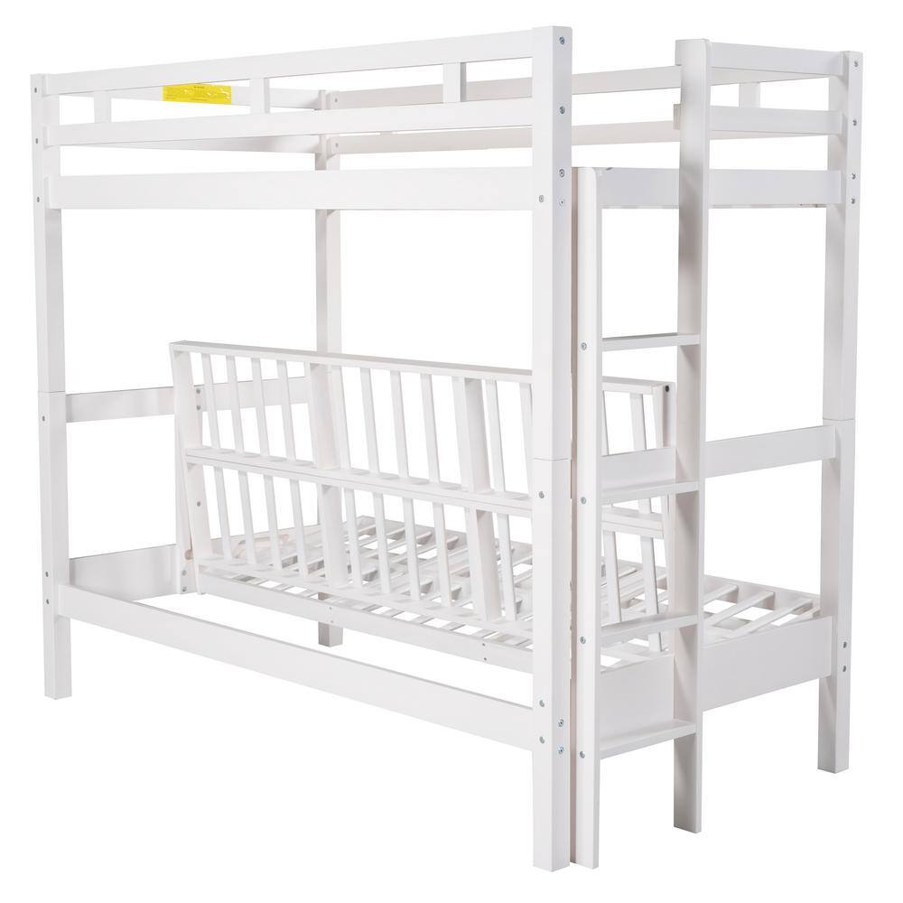 ANBAZAR Twin over Full Bunk Bed/Twin over Futon, Convertible to 2 Beds, Wood Bunk Bed with Safety Guardrail and Ladde(White)