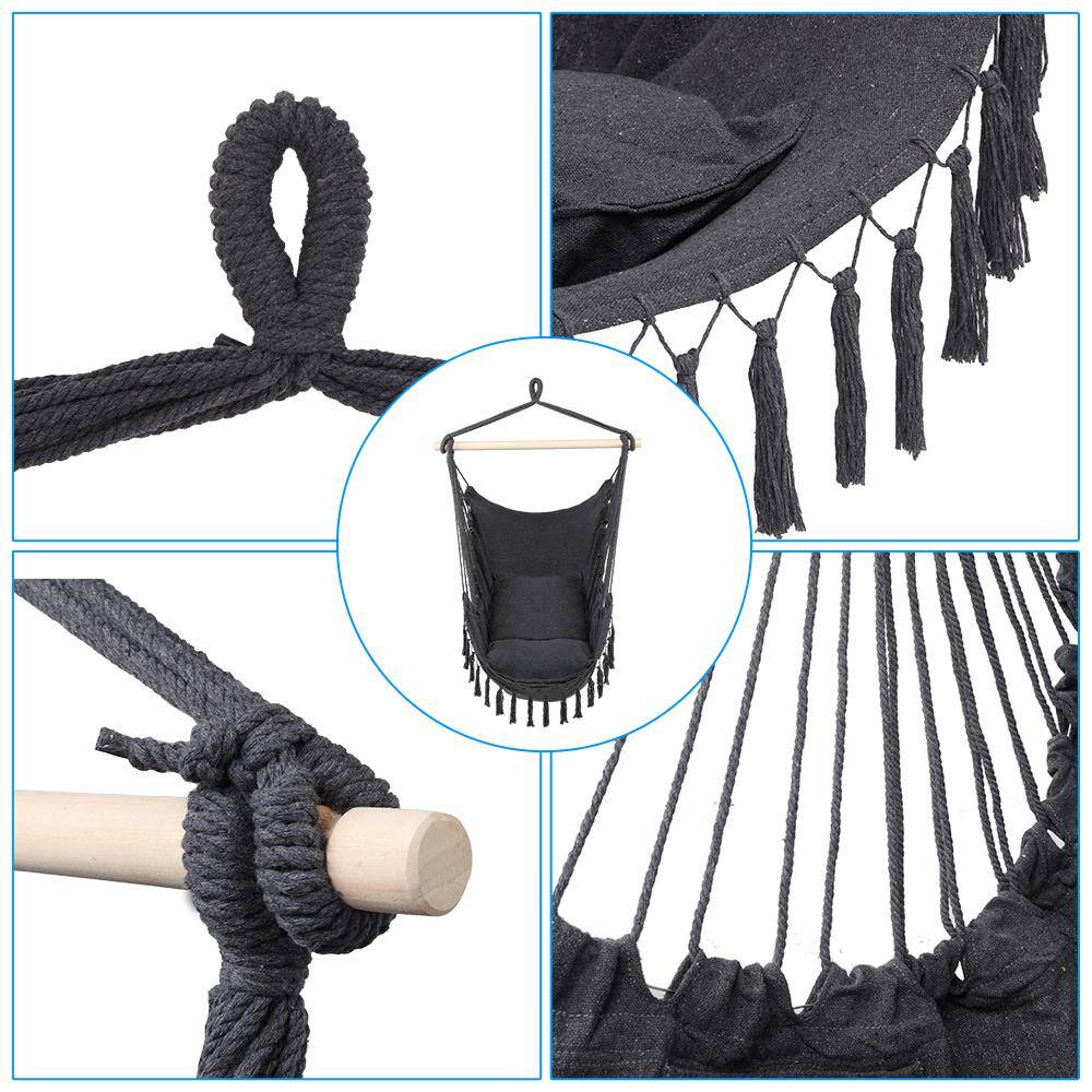 None 3.9 ft. Tassel Hammock Chair Hanging Rope Swing Seat with 2 Cushions