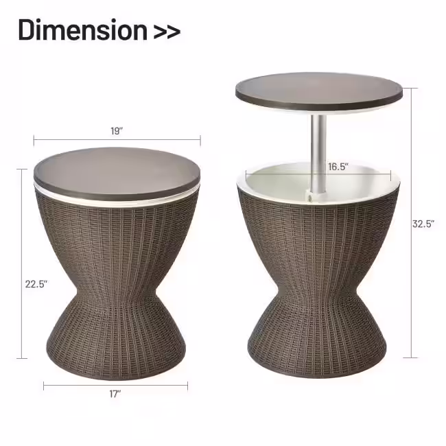 None 8 Gal. 32qt. 3-in-1 Patio Rattan Cooler Bar Table with Adjust Ice Bucket