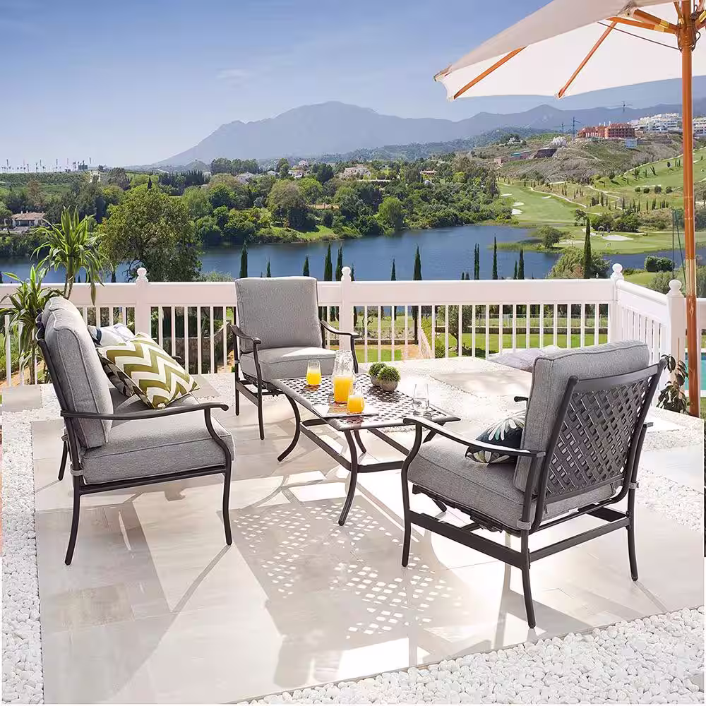 TOP HOME SPACE 4-Piece Metal Patio Conversation Set with Grey Cushions
