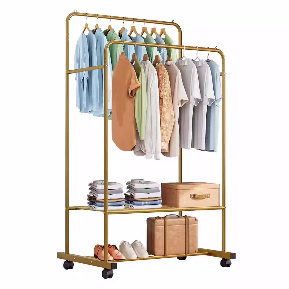 None Gold Iron Garment Clothes Rack Double Rod 31 in. W x 63 in. H
