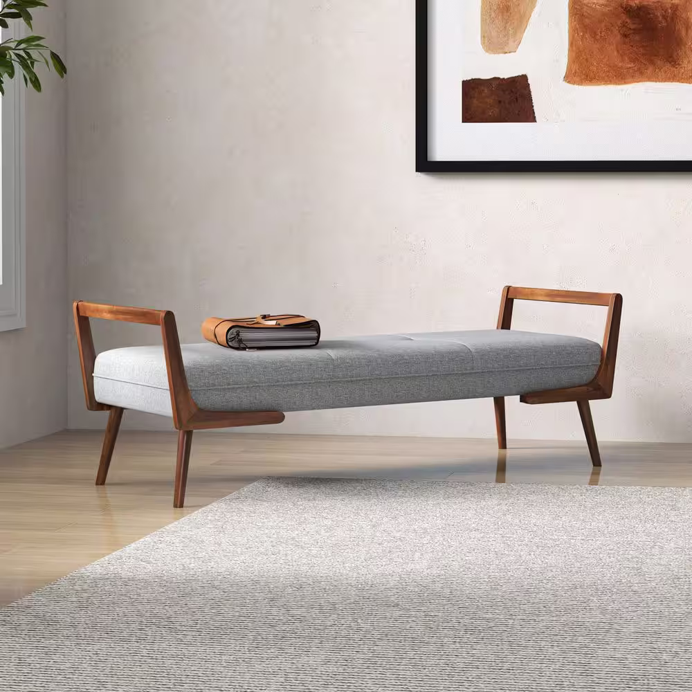 Ashcroft Furniture Co Poppy Mid Century Modern Rectangular Fabric Upholstered Bench in Gray (20.2 in. H x 51.2 in. W x 19.5 in. D)