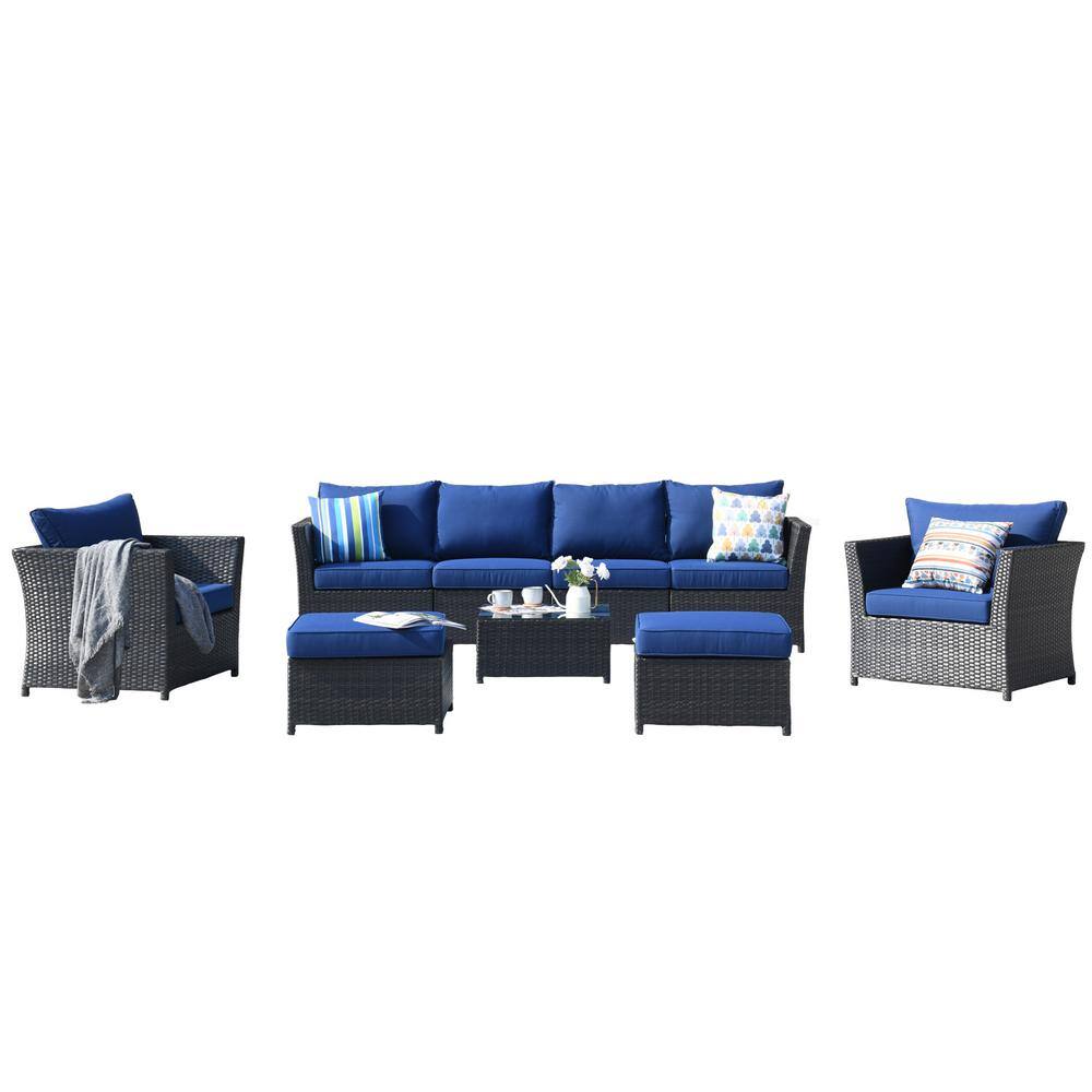 OVIOS Rimaru 9-Piece Wicker Outdoor Patio Conversation Seating Set With Navy Blue Cushions