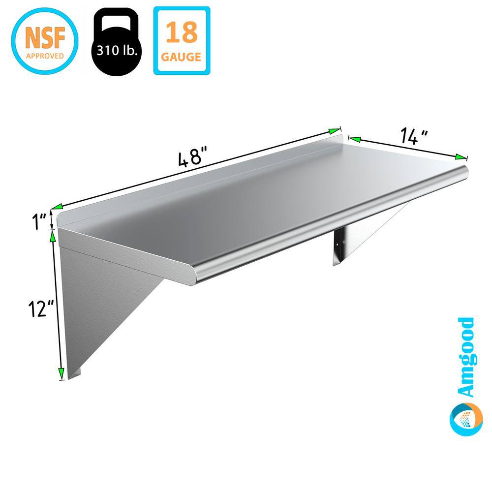 None 14 in. x 48 in. Stainless Steel Wall Shelf. Kitchen, Restaurant, Garage, Laundry, Utility Room Metal Shelf with Brackets