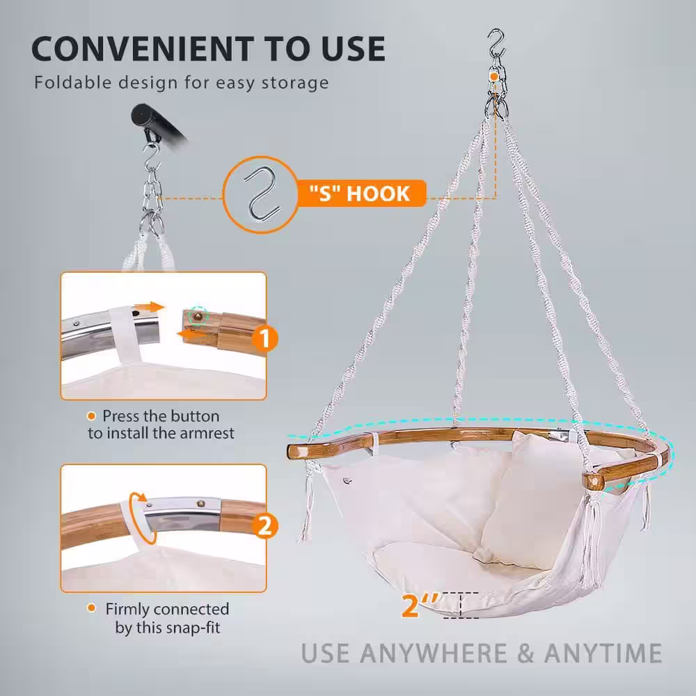 VIVOHOME 3.4 ft. Hanging Hammock Chair with Armrest and Cushion in White