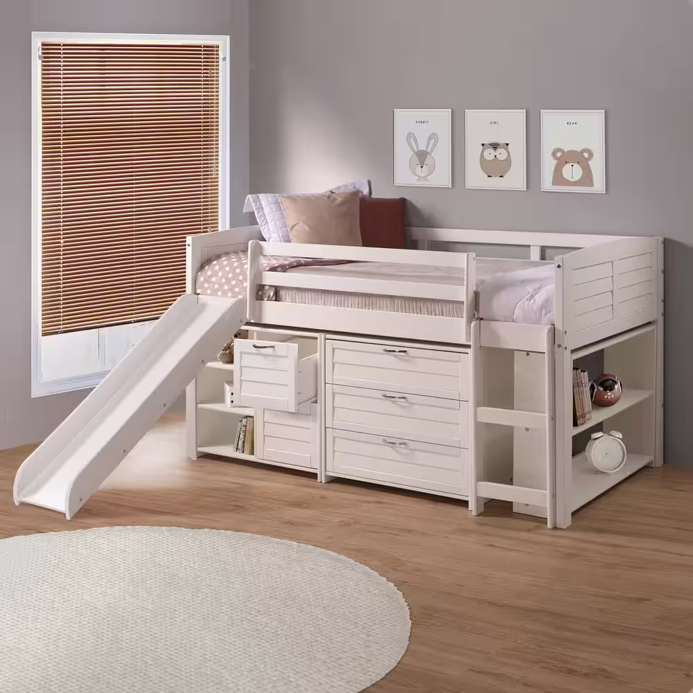 Donco Kids White Twin Louver Low Loft Bed with Slide, 3-Drawers, 2-Drawer Chest and Bookshelves
