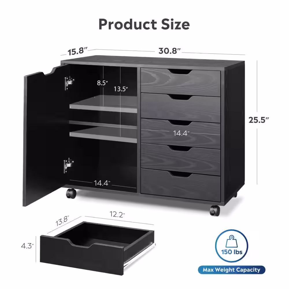 None Mobile 30.8 in. W x 25.5 in. H x 15.8 in. D Wood Freestanding Cabinet in Black with Drawers
