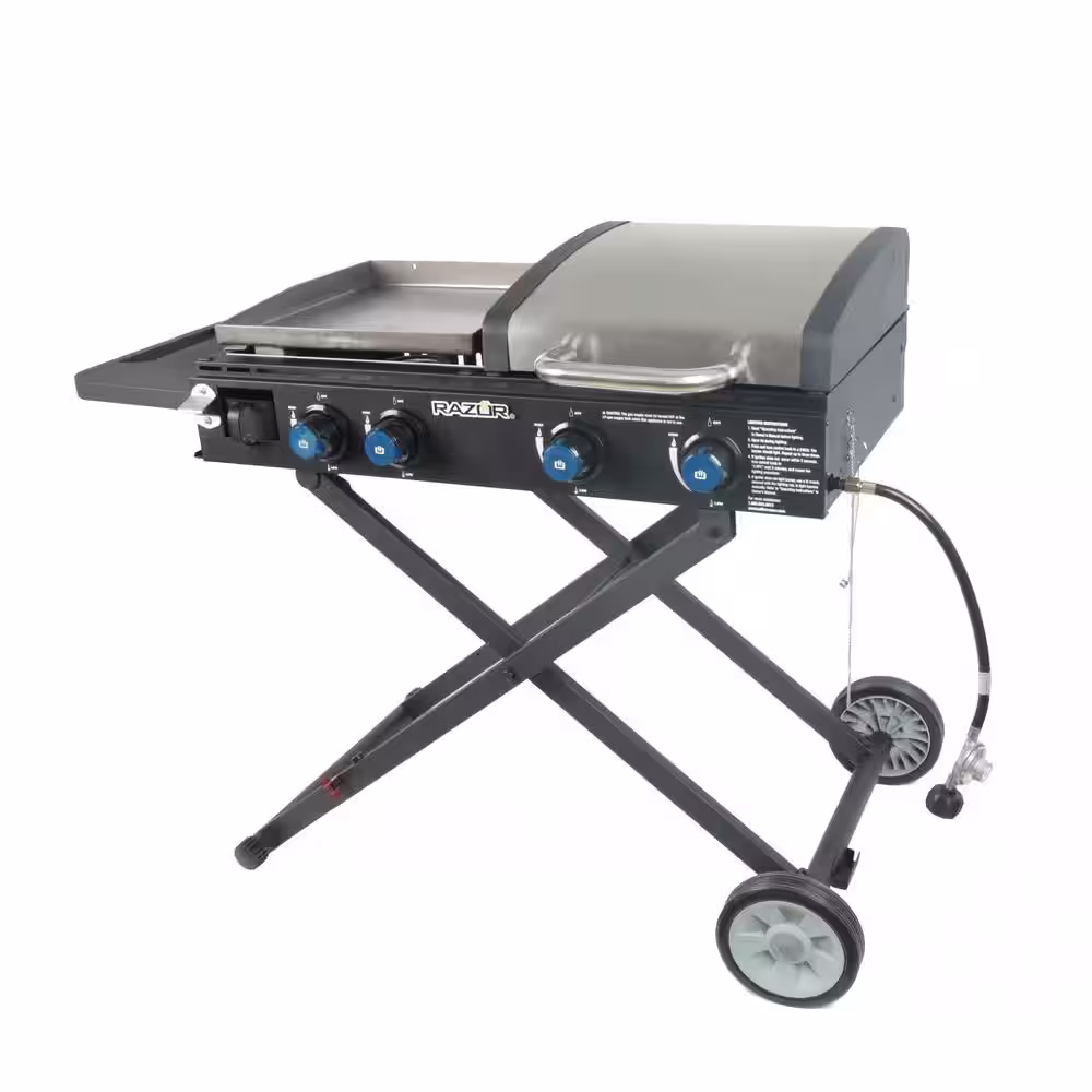 Razor 4-Burner Foldable Propane Gas Griddle (16 in.) Â and GrillÂ (16 in.) Combo with Lid in Black