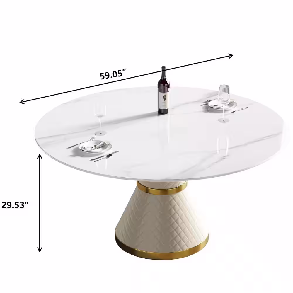 Magic Home 59.05 in. Circular Sintered Stone Tabletop Kitchen Dining Table with Beige PU and Metal Pedestal Base (6 Seats)