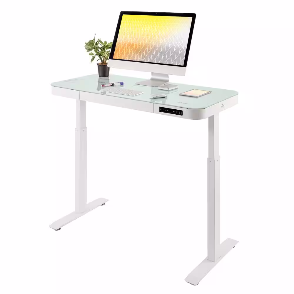Seville Classics airLIFT 47.5 in. White Rectangular 1-Drawer Electric Standing Desk with Adjustable Height