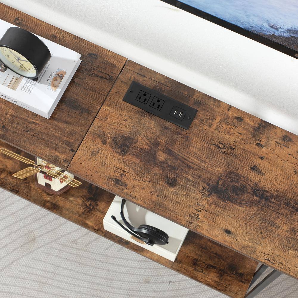 VECELO Modern Narrow Console Tables 55.1 in. Rectangle Wood Console Table with Shelves, Sofa Side Table, Foyer Table Brown