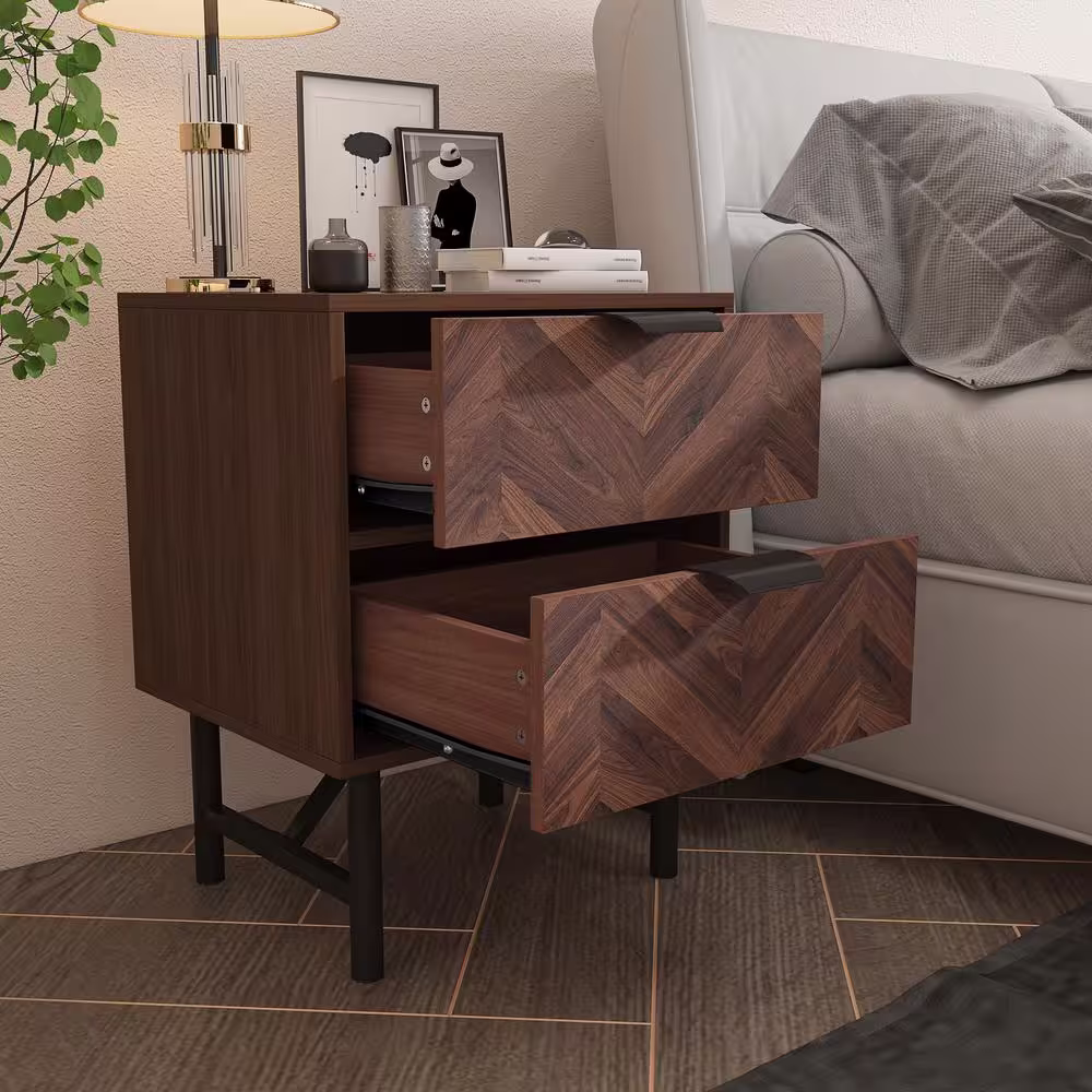 FUFU&GAGA 2-Drawer Brown Wood Nightstand With Metal Legs, Side Table Bedside Table 24 in. H x 18.9 in. W x 15.7 in. D