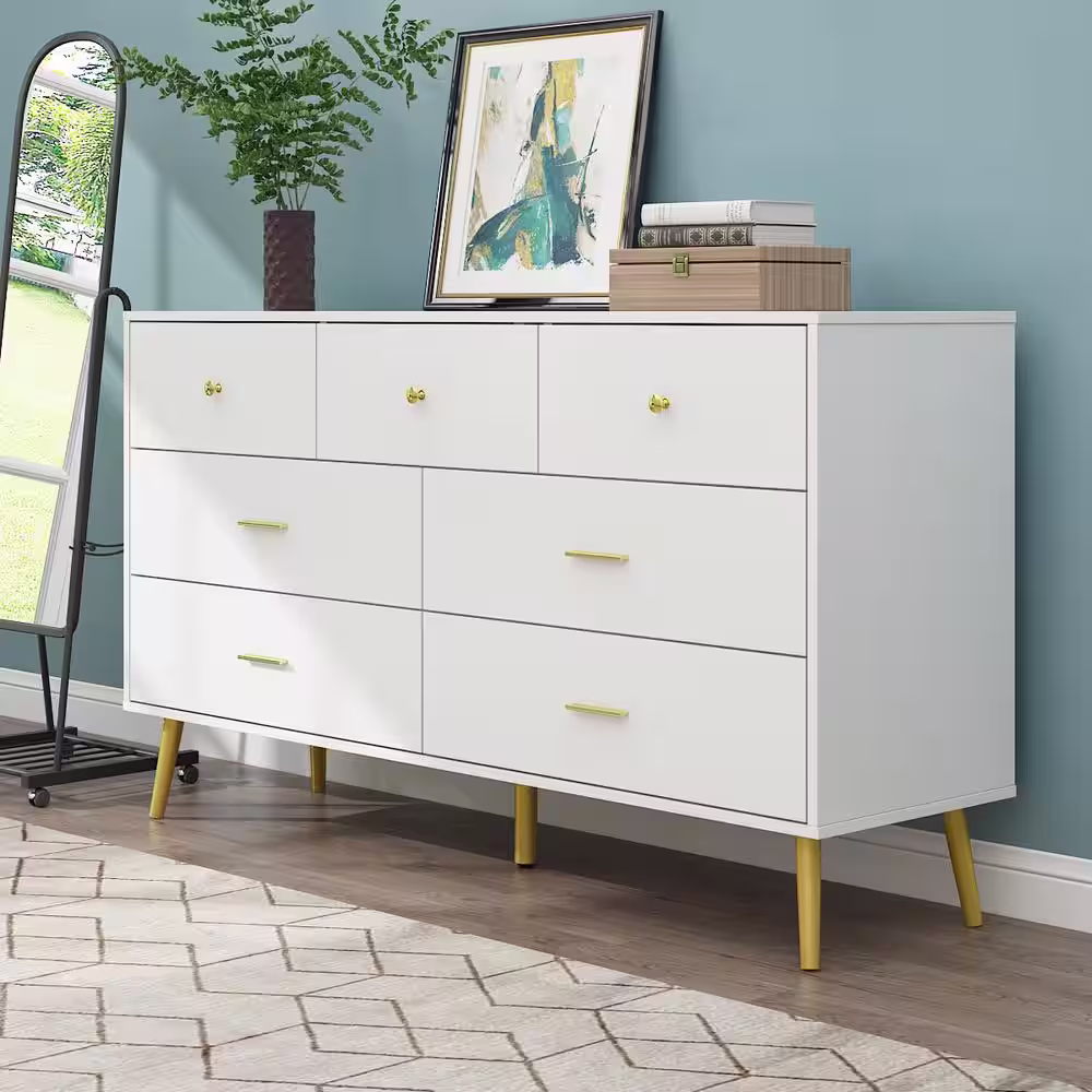 FUFU&GAGA 7-Drawer White Chest of Drawers, 31.5 in H-55.9 in W-15.7 in D