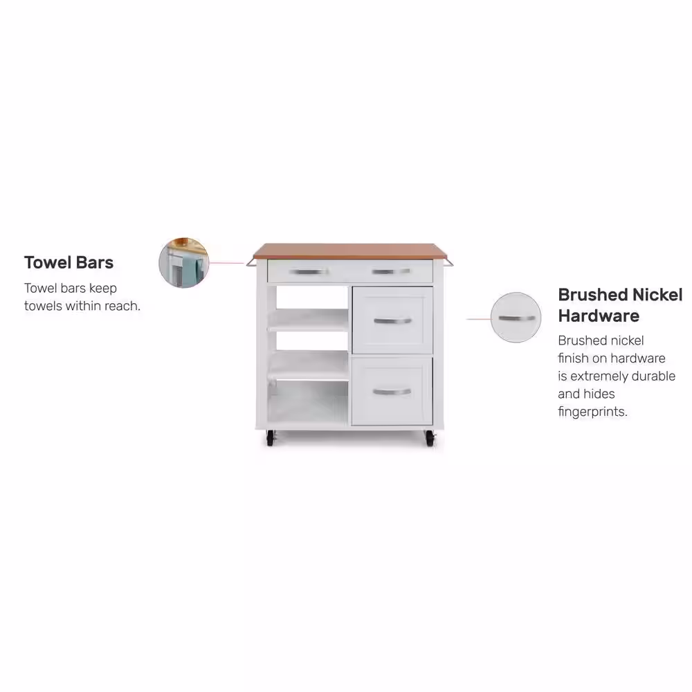 HOMESTYLES Belfast White Kitchen Cart with Natural Wood Top