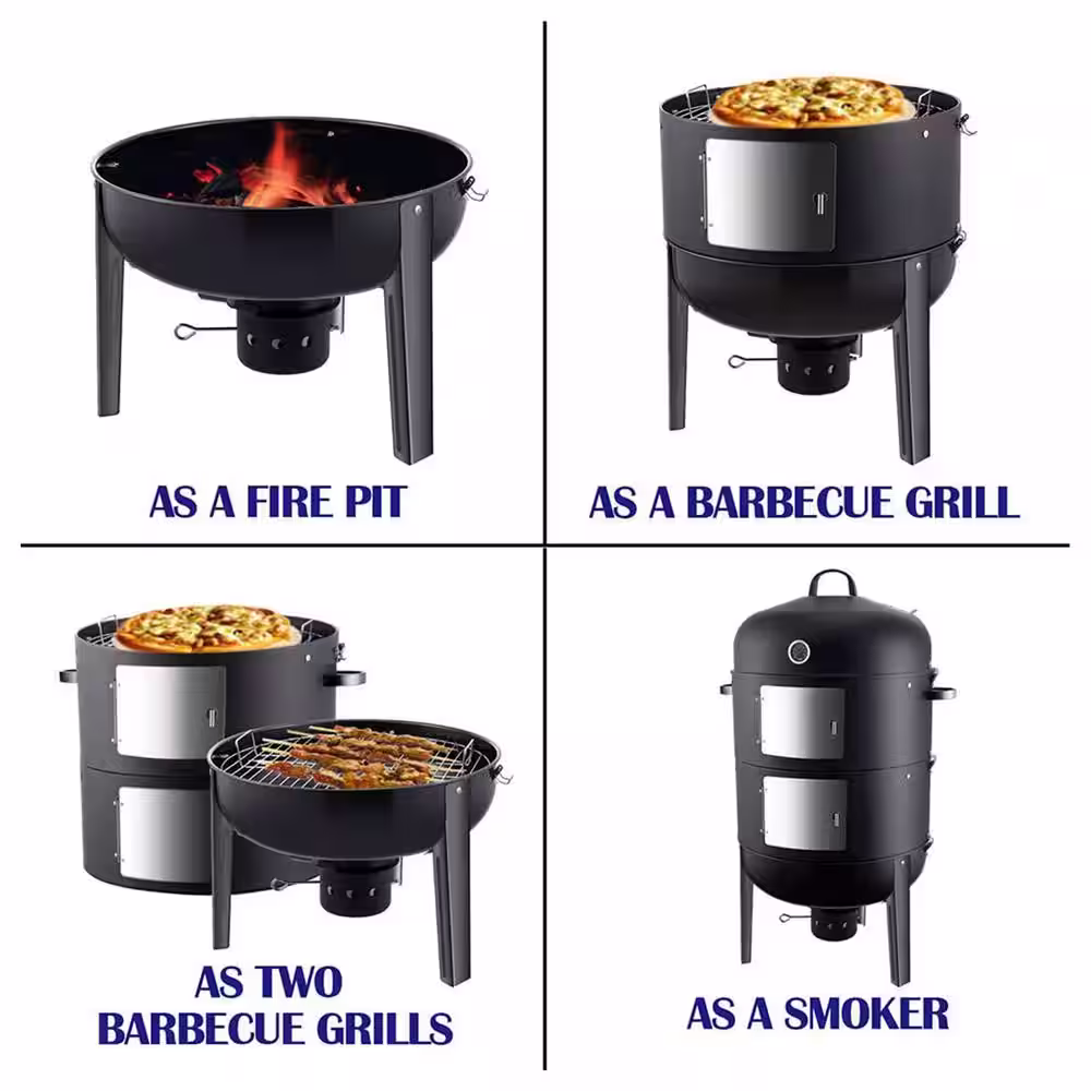 None 20 in. Vertical Heavy-Duty Steel Charcoal Outdoor Smoker Grill, Black