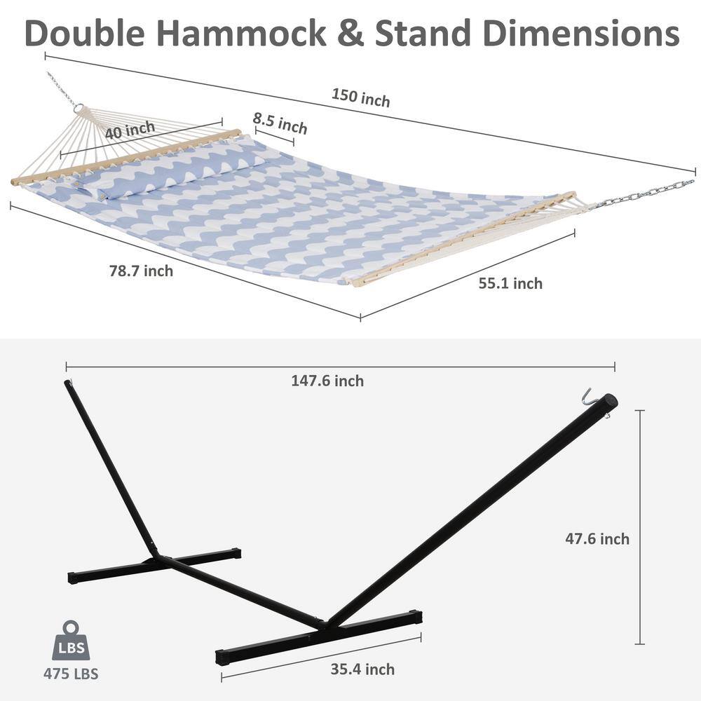 Atesun 12 ft. Free Standing, 475 lbs. Capacity, Heavy-Duty 2-Person Hammock with Stand and Detachable Pillow in Gray Waves