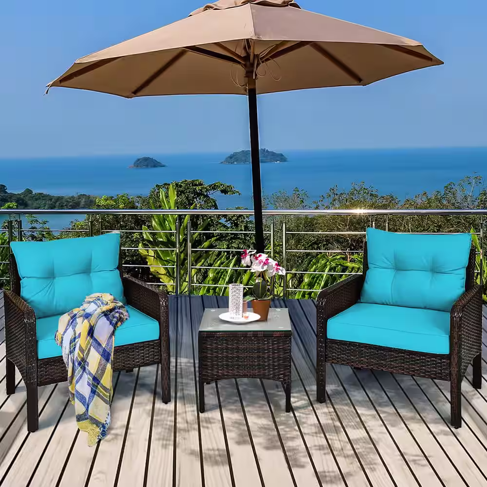 Costway 28 in. Brown Frame 3-Piece Plastic Rattan Patio Conversation Seating Set with Turquoise Cushions