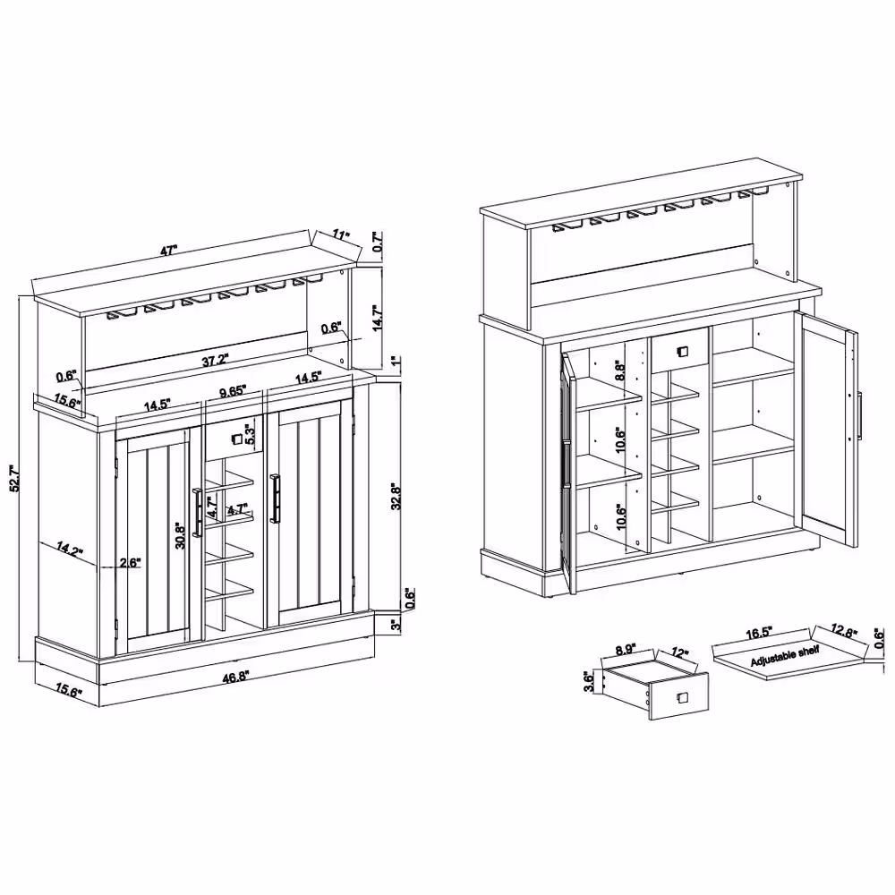 None 47 in. Cut-Off White Wood Buffet Bar Cabinet with Wine Rack with Granite Pattern Countertop