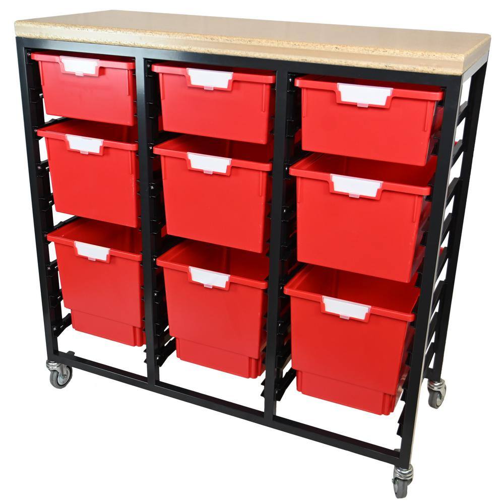 None Mobile Workbench Storage Station With Wood Top -9 StorSystem Trays-Red