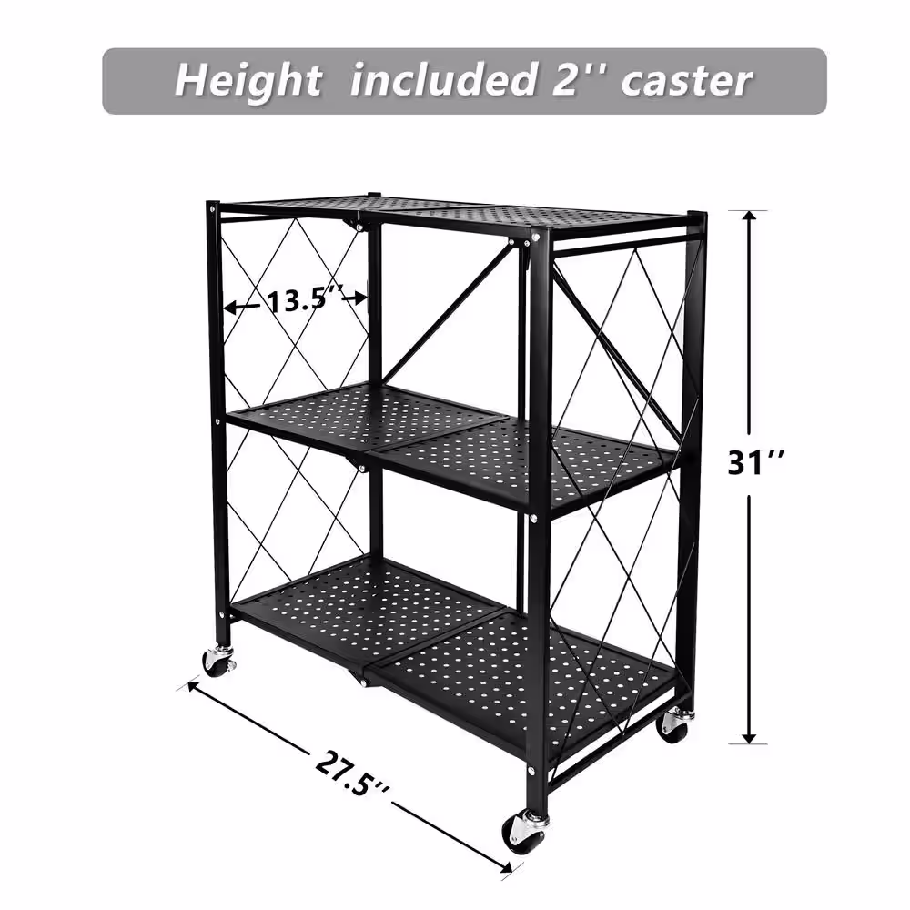 None Black Rolling 3-Tier Iron Wire Heavy Duty Foldable Storage Shelving Unit (27.5 in. W x 31 in. H x 13.5 in. D)