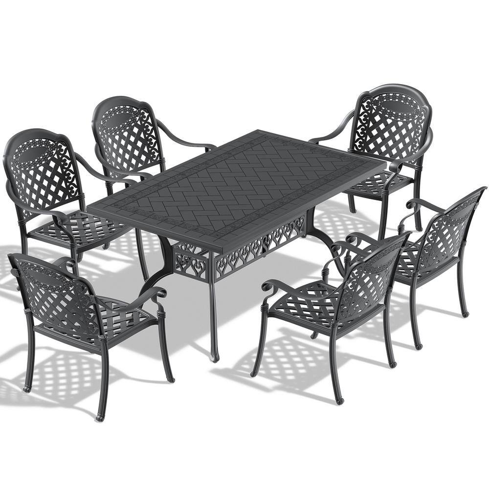 None 7-Piece Cast Aluminum Outdoor Bistro Set Patio Table Set with Random Colors Cushion and Umbrella Hole in Black