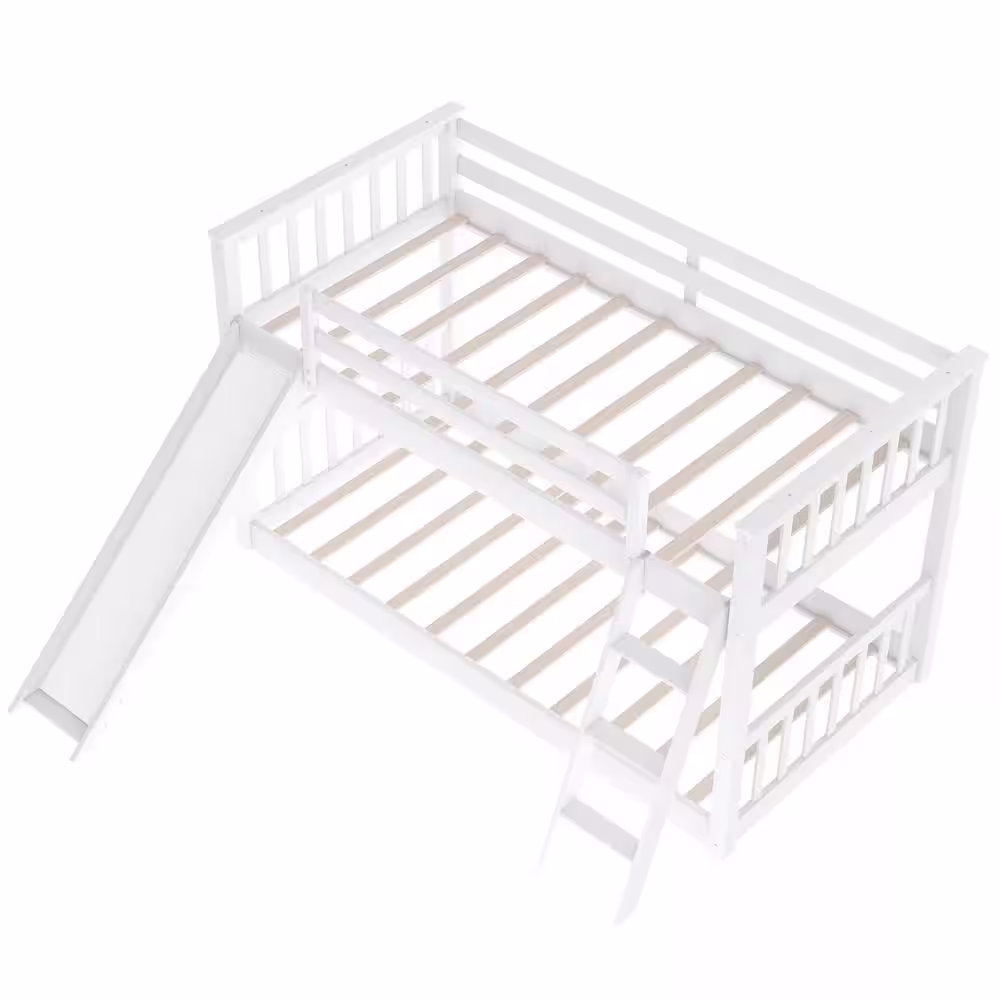 Harper & Bright Designs White Solid Wood Twin Over Twin Bunk Bed with Slide and Ladder
