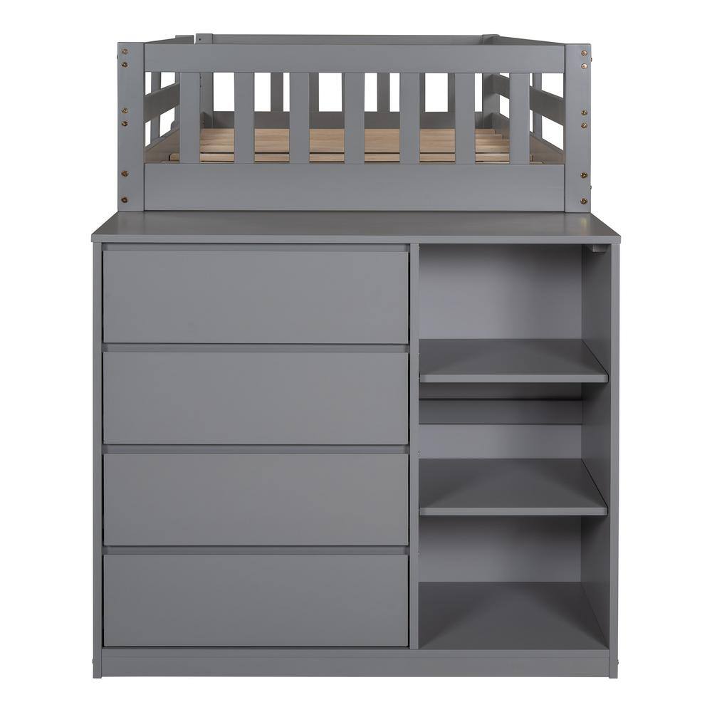 Qualler Gray Twin over Twin Bunk Bed with 4 Drawers and 3 Shelves