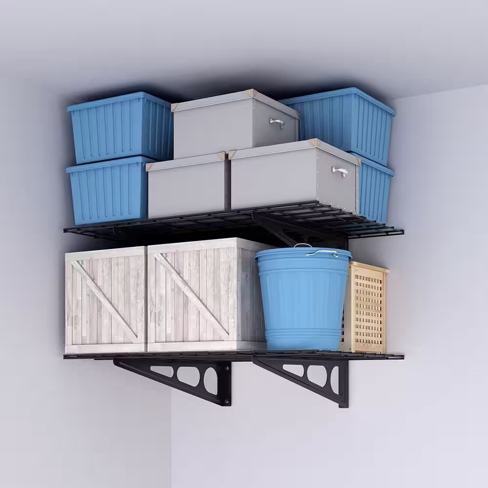 FLEXIMOUNTS 24 in. x 48 in. Steel Garage Wall Shelf with Brackets in Black