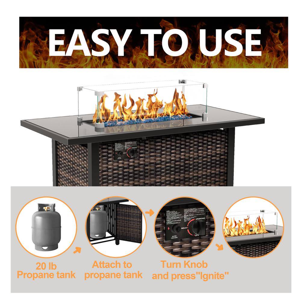 None 43 in. Dark Brown Rectangular Rattan Propane Gas Fire Pit Table 50,000-BTU with Ceramic Tabletop Water-Resistant Cover