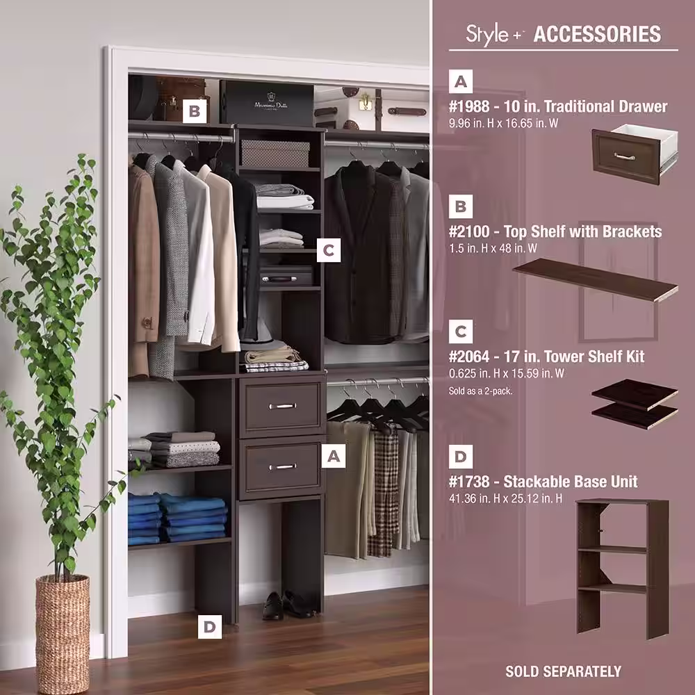 ClosetMaid Style+ 72 in. W - 113 in. W Chocolate Narrow Wood Closet System