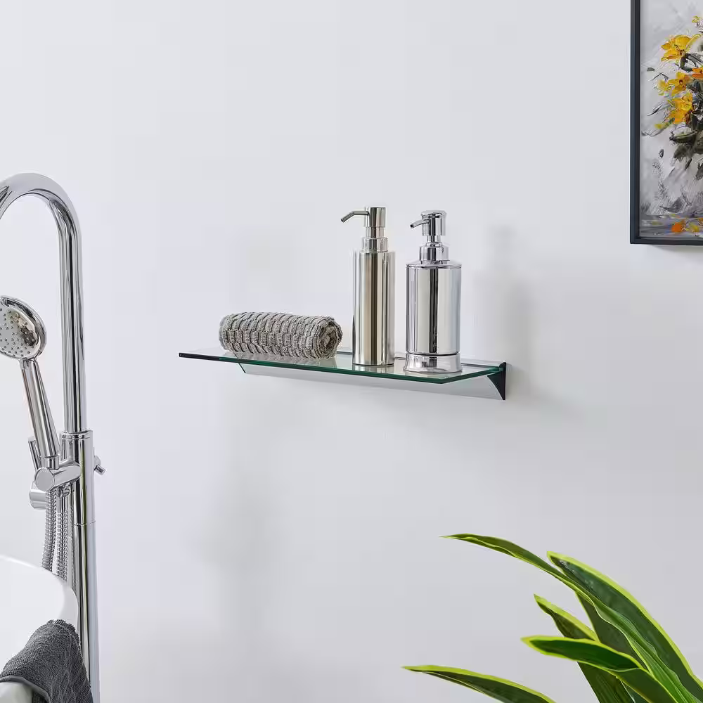 DANYA B 16 in. Modern Clear Glass Floating Shelf on Aluminum Bar