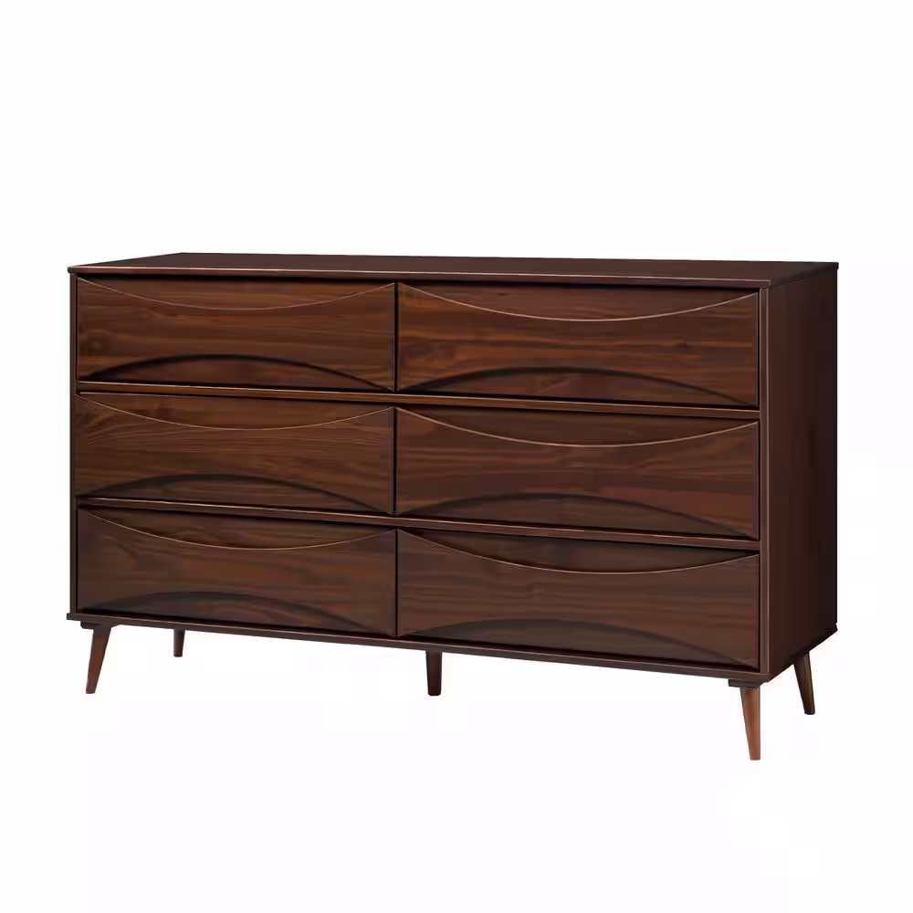 Welwick Designs 6-Drawer Walnut Wood Mid-Century Modern Dresser with Curved Detailing