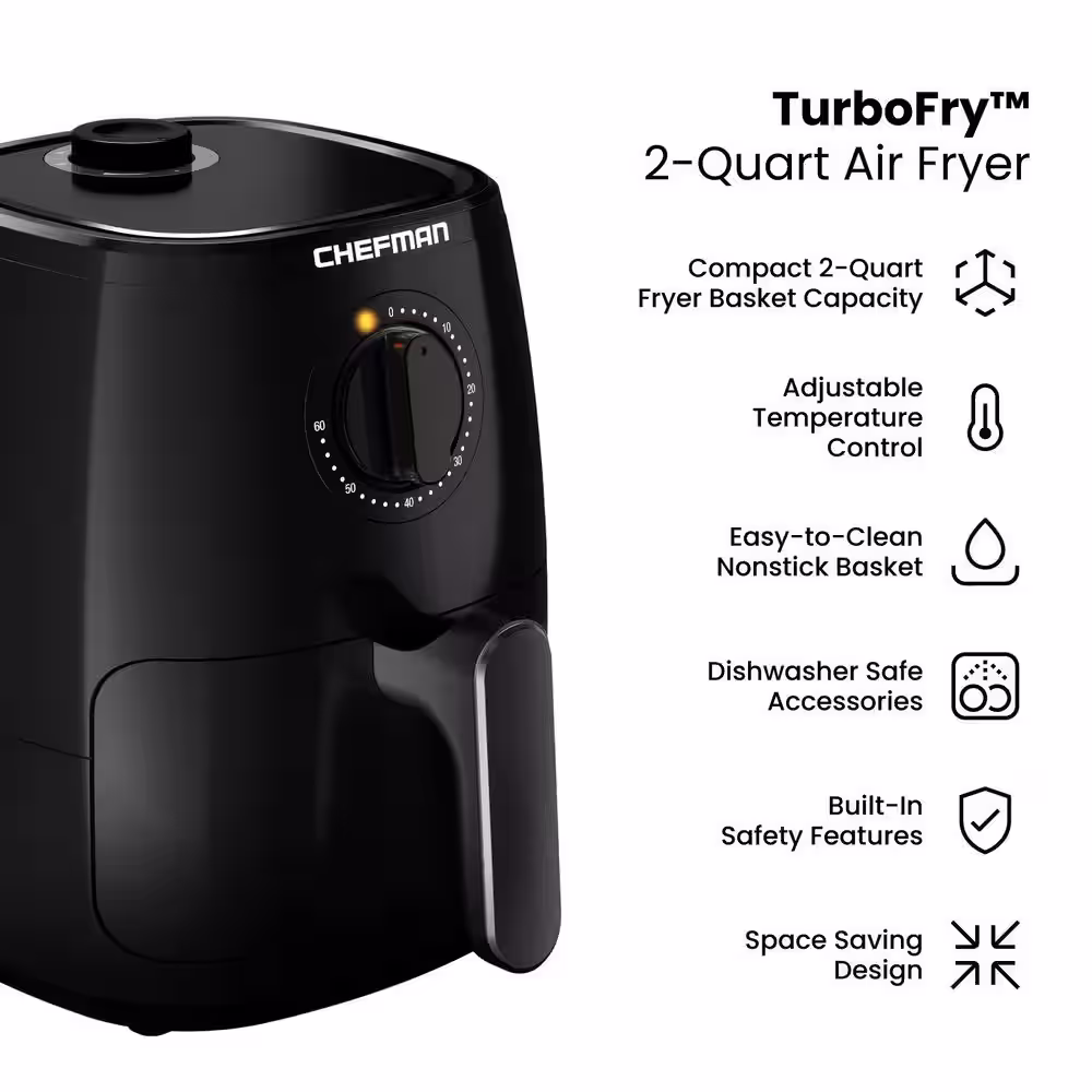 Chefman Countertop Air Fryer, 2 Qt. Black, Air Fryer, TurboFry with Adjustable Temp Control