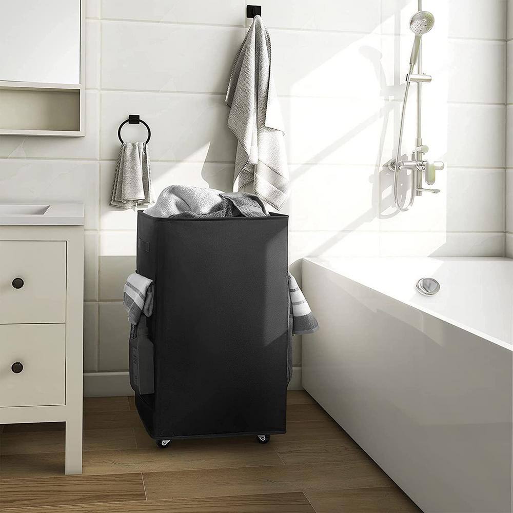 None 90 L Plastic Laundry Basket Hamper with Wheels Black