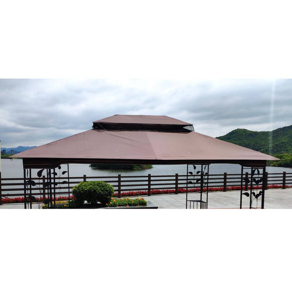 None 13 ft. x 10 ft. Patio Double Roof Gazebo Replacement Canopy Top Fabric, Brown