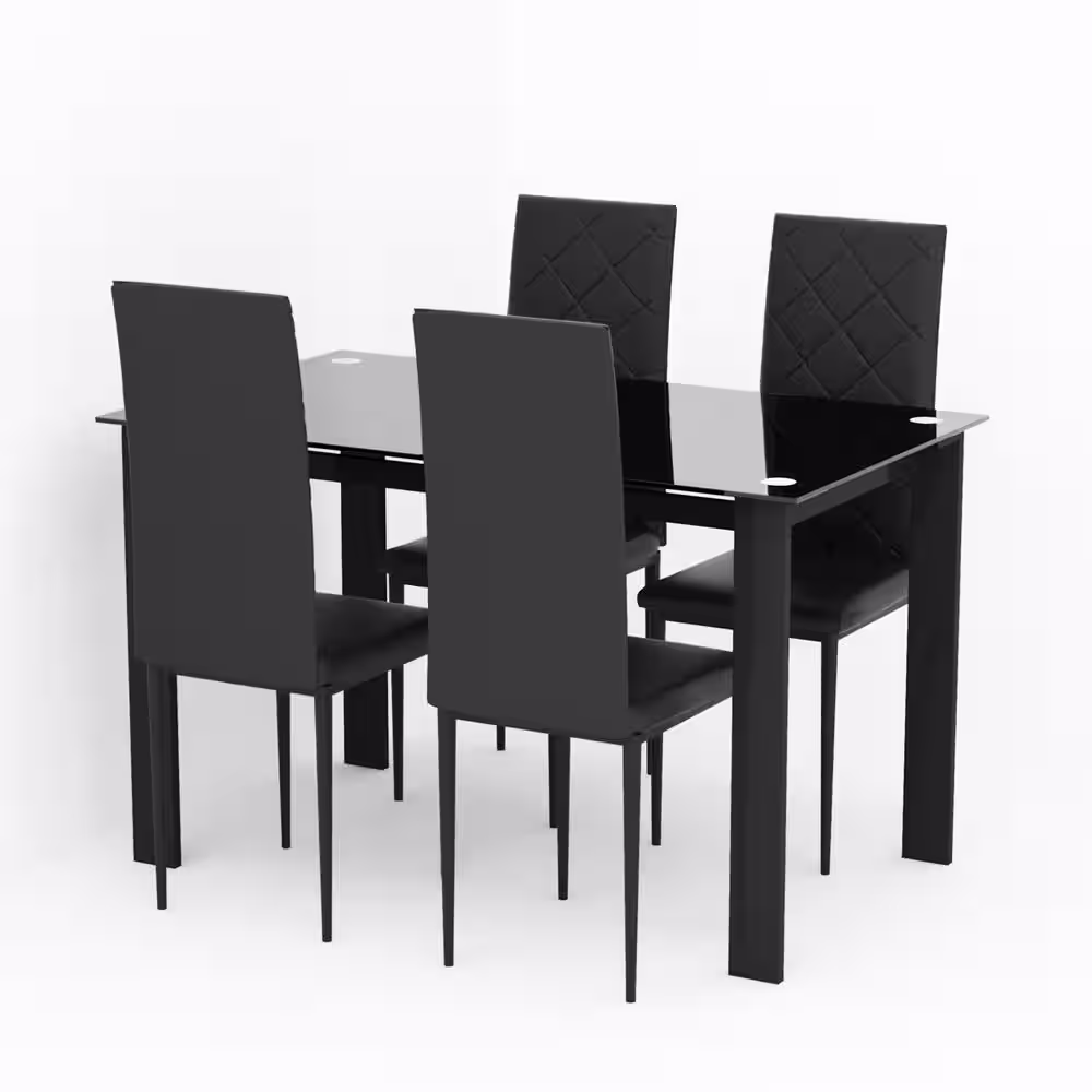 None 5-Piece Rectangle Glass Top Black Metal Frame Rhombic Leather Dinning Chair and Table Set