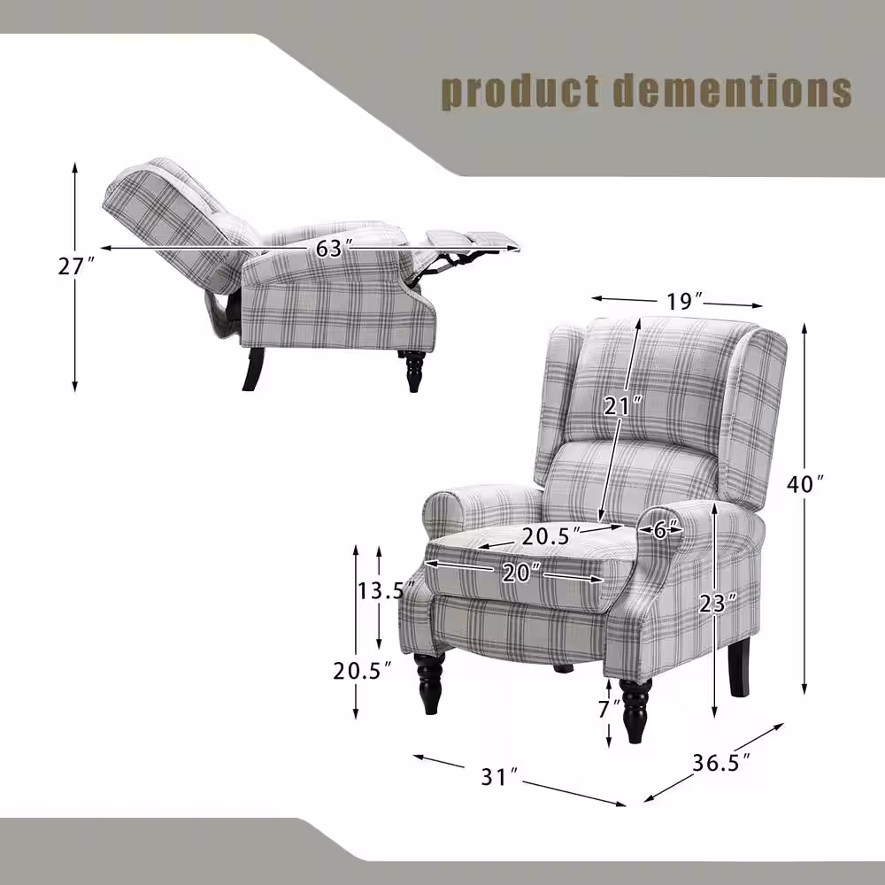 JAYDEN CREATION Bogazk Modern Plaid Grey Polyester Pattern Manual Recliner with Wingback and Rubber Wood Legs