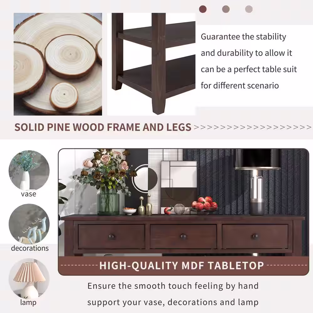 URTR 50 in.Espresso Rectangle Wood Long Console Table with Drawers and 2-Tier Shelves, 3 Drawers Sofa Table