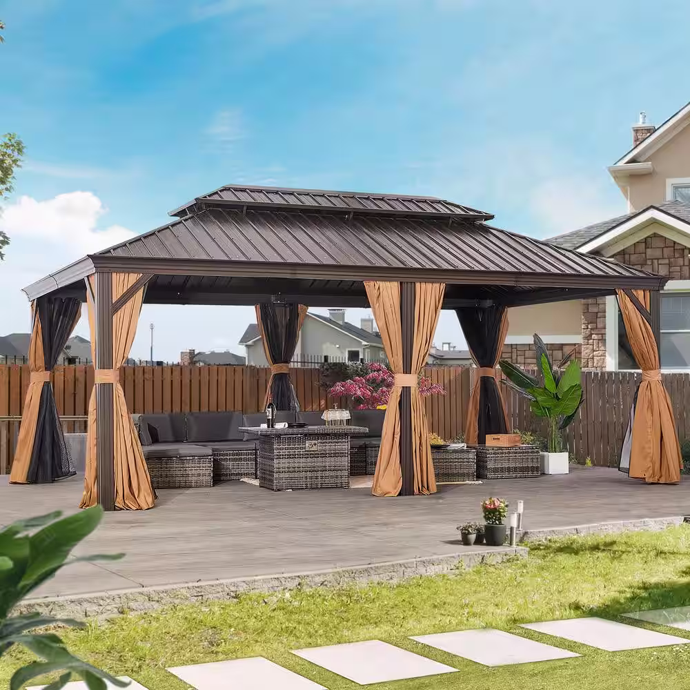 None 12 ft. x 20 ft. Hardtop Gazebo Double Roof Aluminum Frame with Privacy Curtain and Mosquito Net